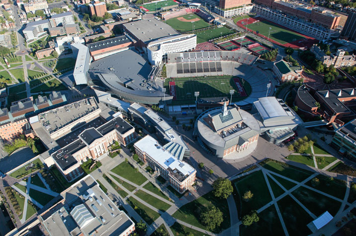 Aerial overview of an institutional property such as a college or university with metering installed