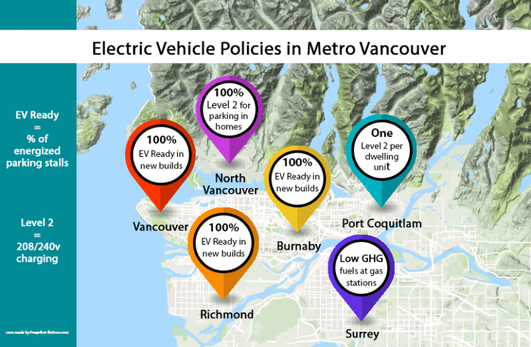 An image showing which municipalities have 100% EV parking policies aimed at increasing EV adoption