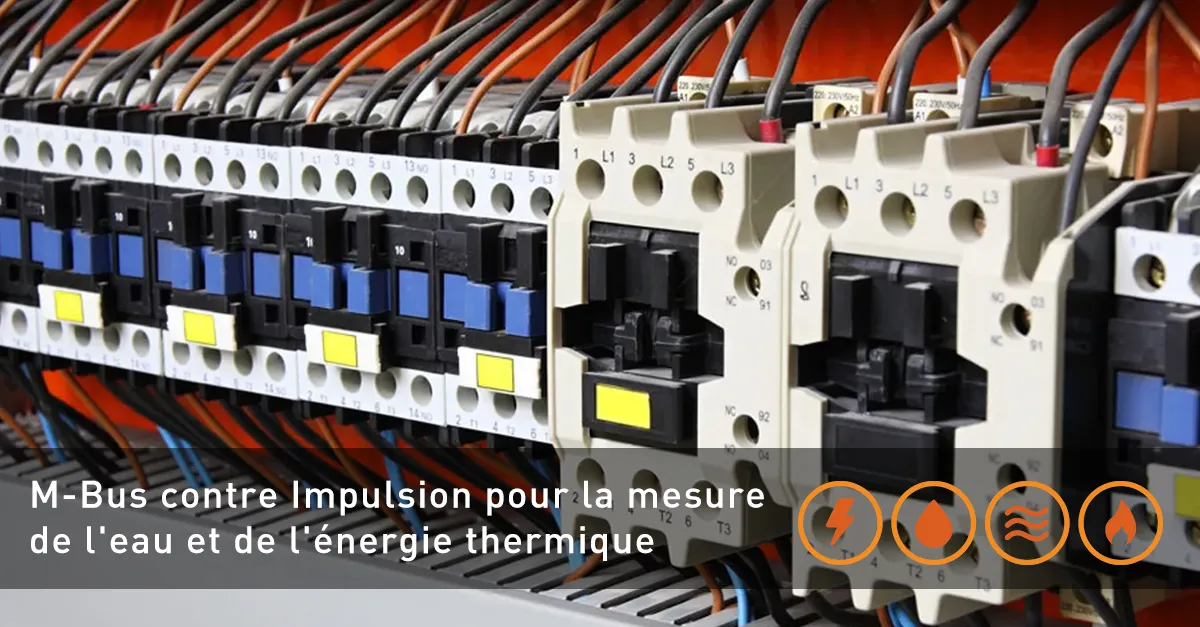 image d'un équipement de communication de comptage avec les mots "M-Bus contre impulsion pour le comptage de l'eau et de l'énergie thermique" visibles